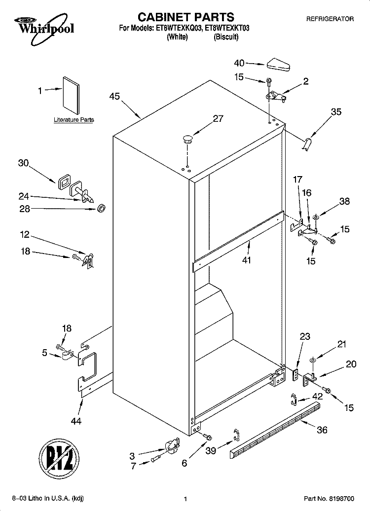 CABINET PARTS Diagram and Parts List for ET8WTEXKQ03  Whirlpool Refrigerator
