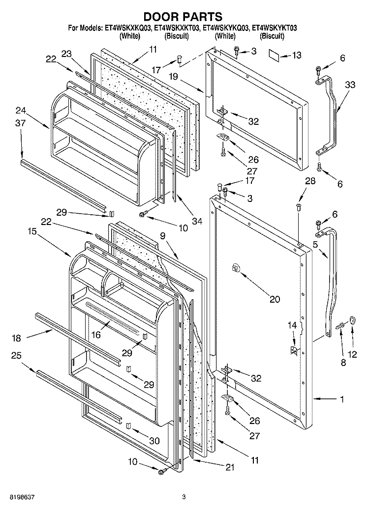 DOOR PARTS Diagram and Parts List for ET4WSKYKT03  Whirlpool Refrigerator