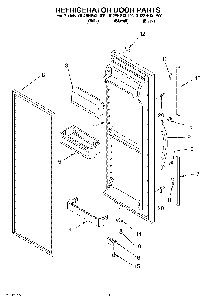 REFRIGERATOR DOOR Diagram and Parts List for GD2SHGXLT00  Whirlpool Refrigerator