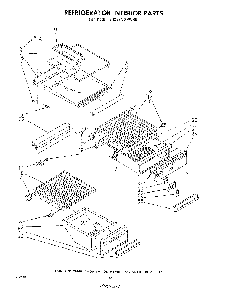 REFRIGERATOR INTERIOR , LIT/OPTIONAL Diagram and Parts List for  Whirlpool Refrigerator