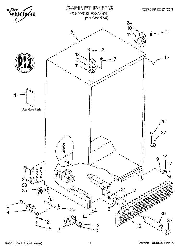 CABINET, LITERATURE Diagram and Parts List for GD22SFXHS01  Whirlpool Refrigerator