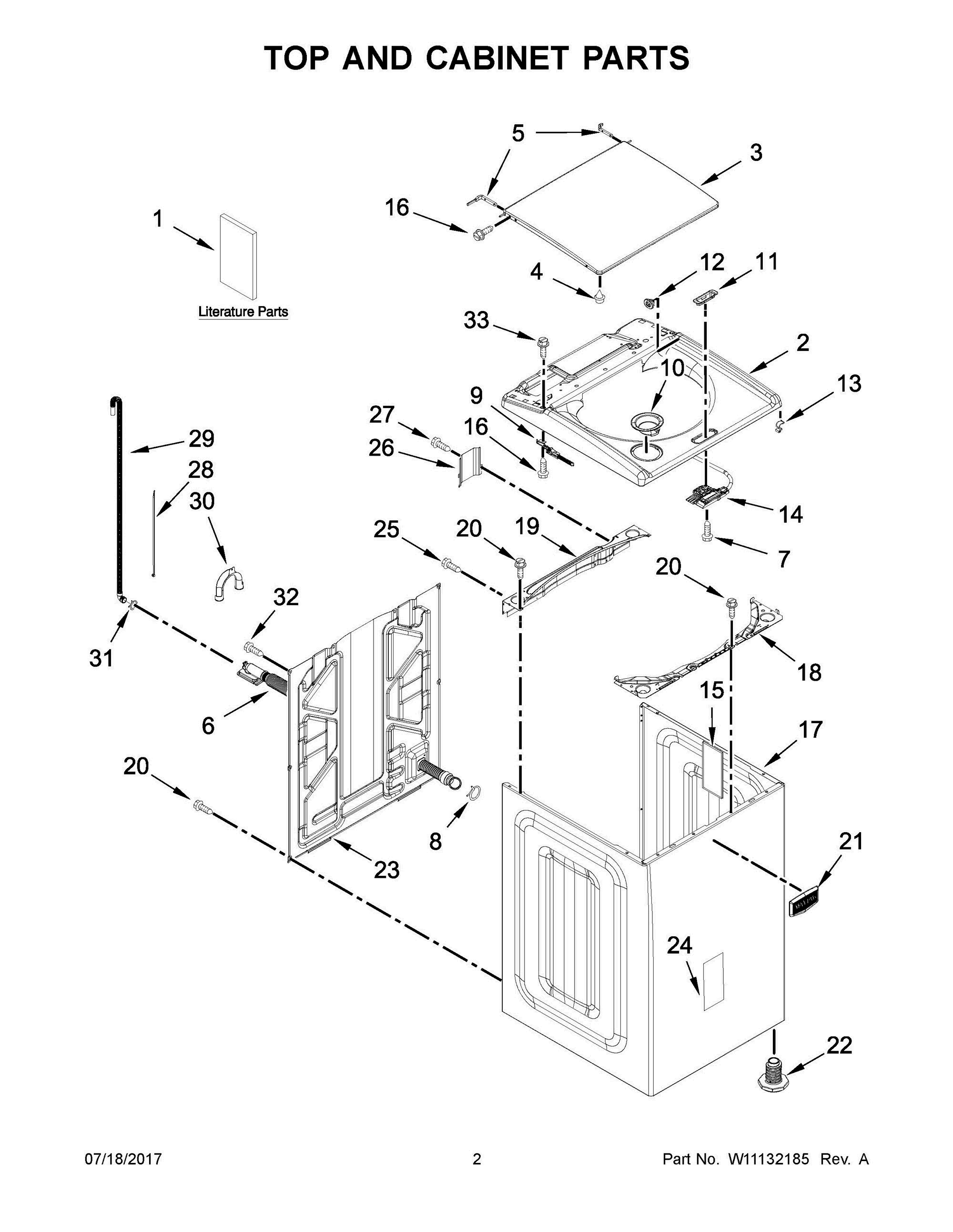 02 - TOP AND CABINET PARTS Diagram and Parts List for  Whirlpool Washer
