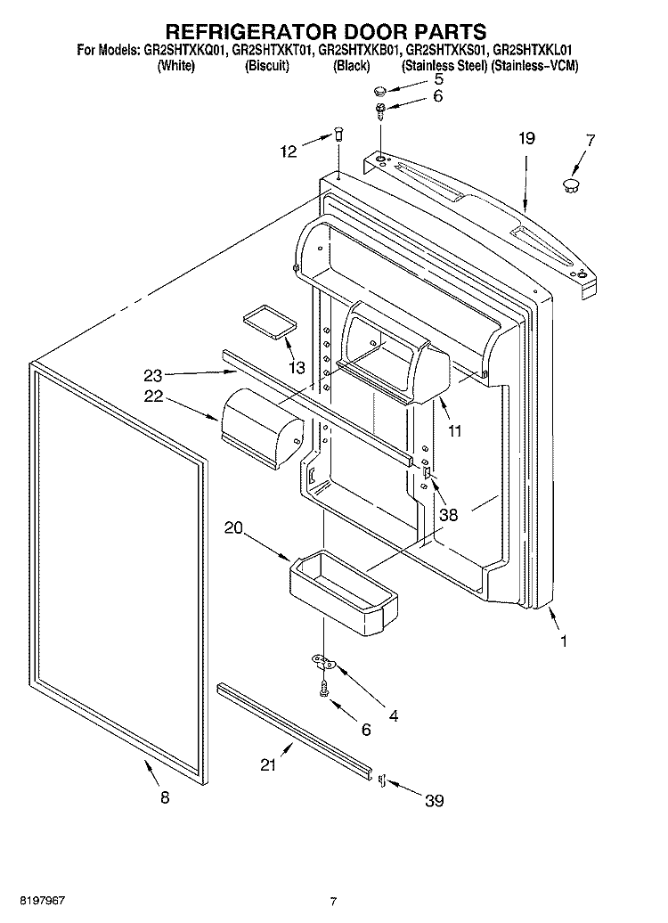 REFRIGERATOR DOOR Diagram and Parts List for GR2SHTXKB01  Whirlpool Refrigerator