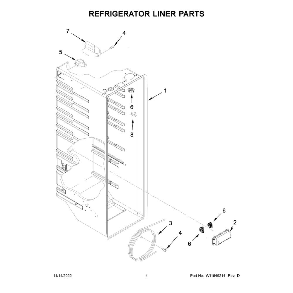 Refrigerator Liner Parts Diagram and Parts List for  Whirlpool Refrigerator