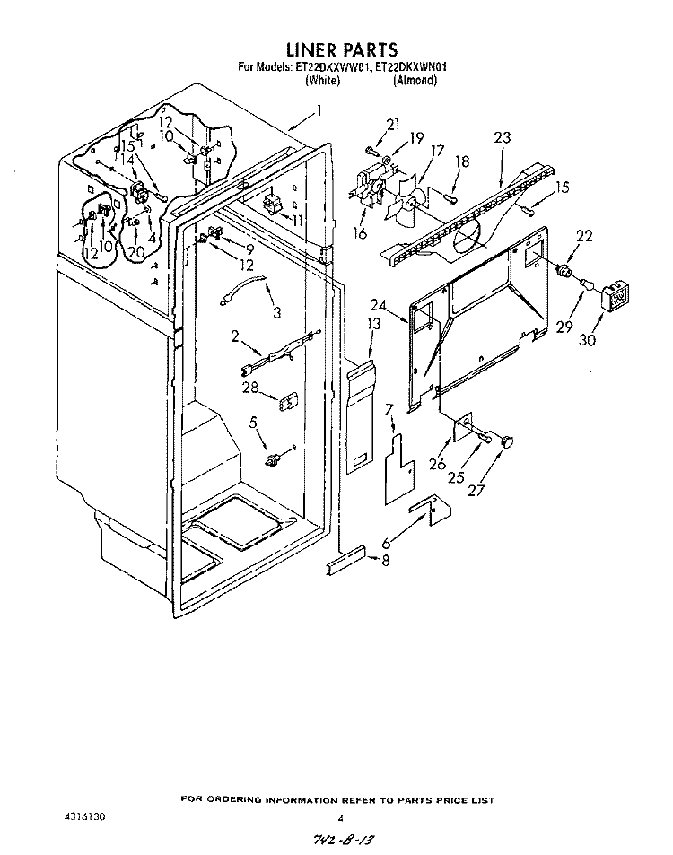 LINER Diagram and Parts List for ET22DKXWW01  Whirlpool Refrigerator