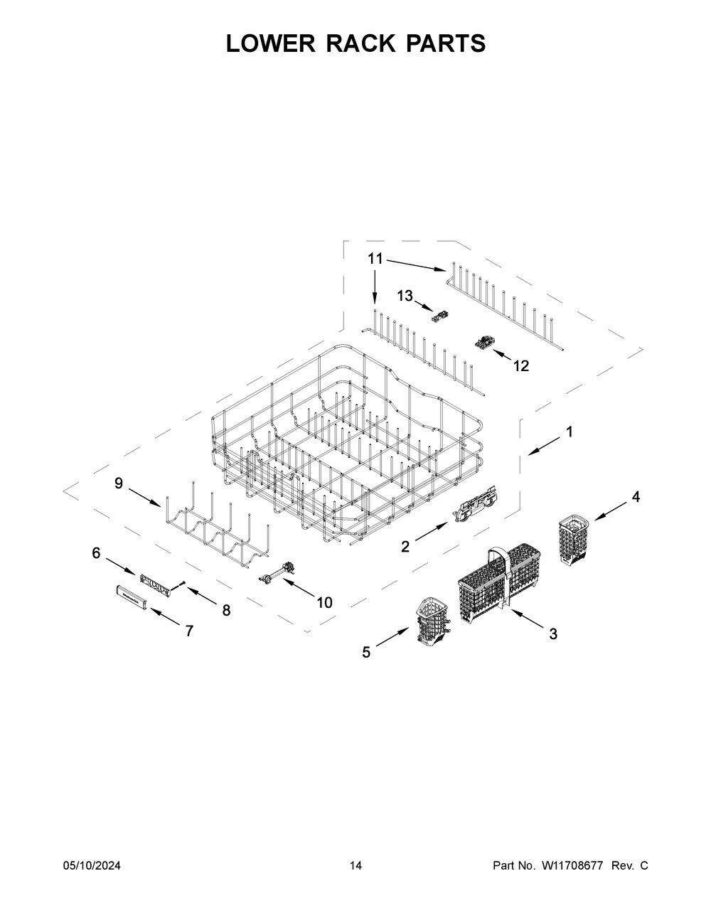 Lower Rack Parts Diagram and Parts List for  KitchenAid Dishwasher