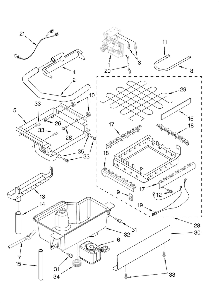 Evaporator, Ice Cutter Grid And Water Parts Diagram and Parts List for  Kenmore Ice Maker