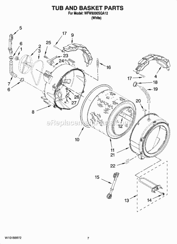 Tub And Basket Parts Diagram and Parts List for  Whirlpool Washer