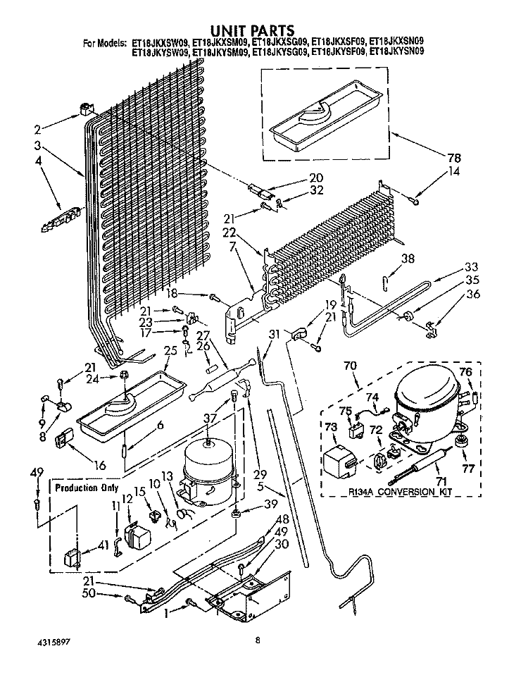 UNIT Diagram and Parts List for ET18JKYSW09  Whirlpool Refrigerator