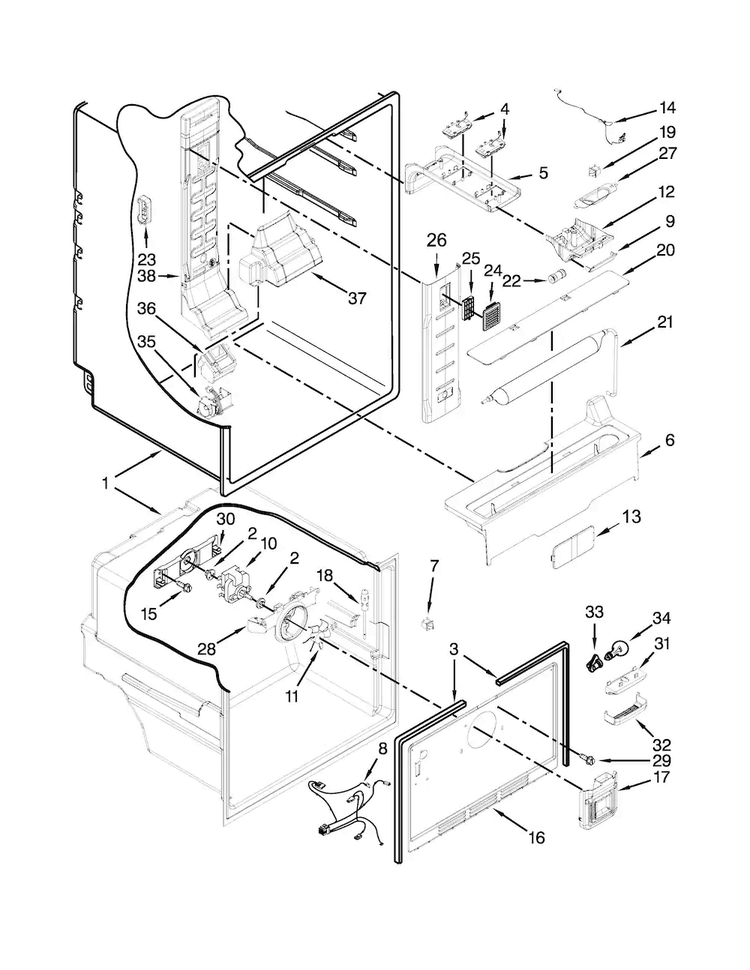 Liner Parts Diagram and Parts List for  Whirlpool Refrigerator