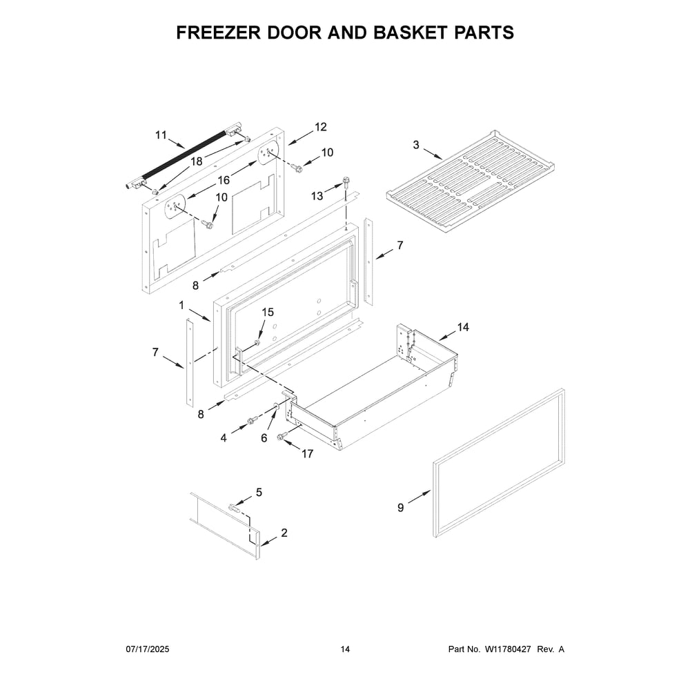 Freezer Door And Basket Parts Diagram and Parts List for  KitchenAid Refrigerator