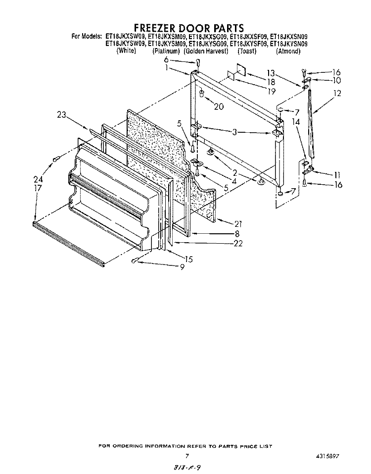 FREEZER DOOR Diagram and Parts List for ET18JKYSW09  Whirlpool Refrigerator