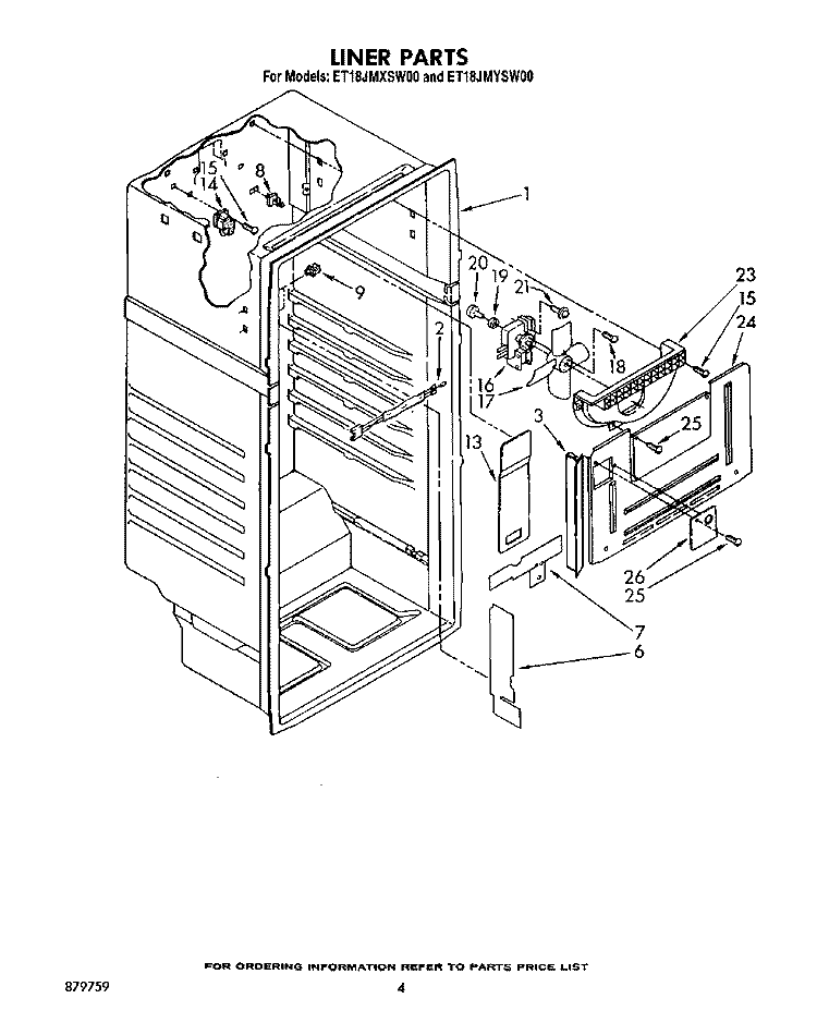 LINER Diagram and Parts List for ET18JMYSN00  Whirlpool Refrigerator