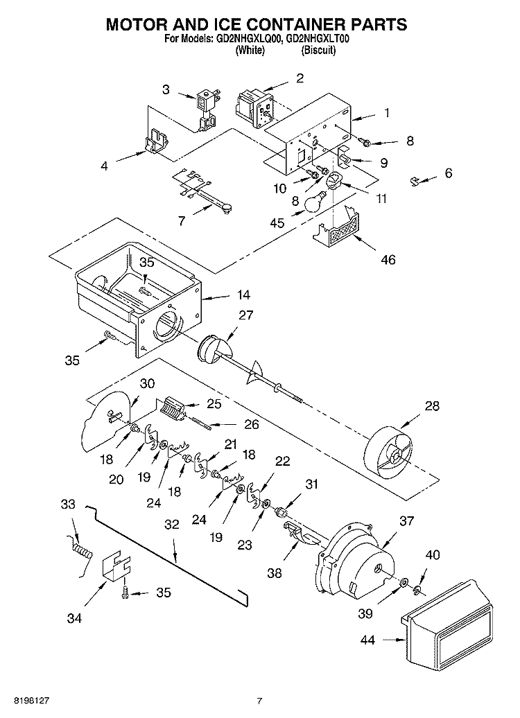 MOTOR AND ICE CONTAINER Diagram and Parts List for GD2NHGXLT00  Whirlpool Refrigerator