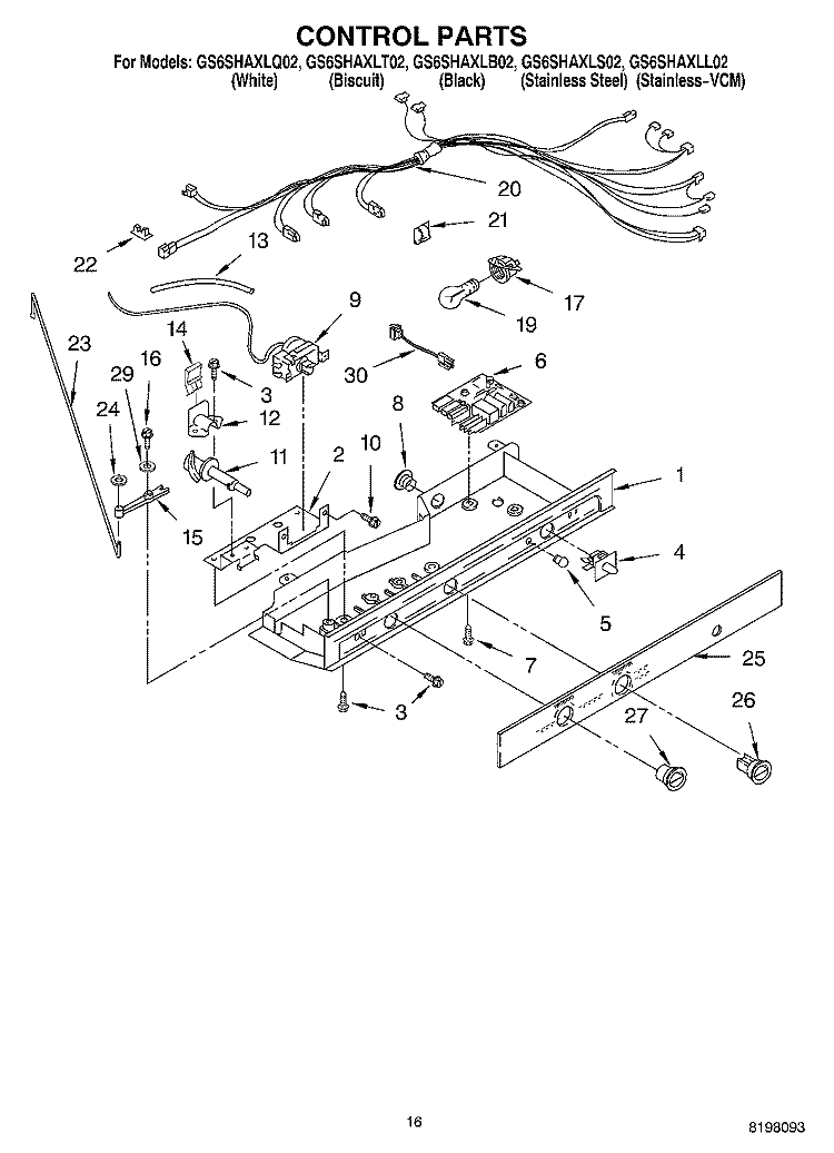 CONTROL Diagram and Parts List for GS6SHAXLS02  Whirlpool Refrigerator