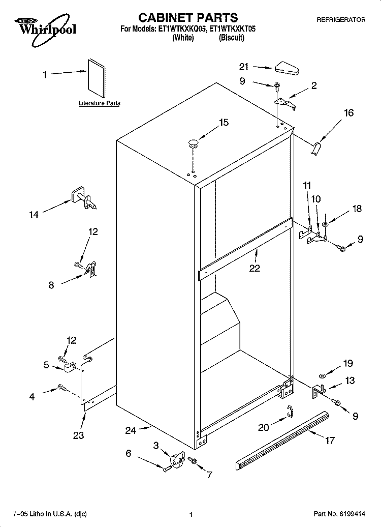 CABINET PARTS Diagram and Parts List for ET1WTKXKT05  Whirlpool Refrigerator
