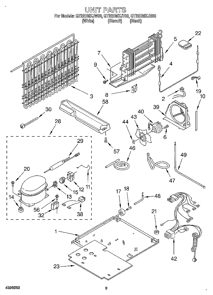 UNIT Diagram and Parts List for GT22DMXJT00  Whirlpool Refrigerator