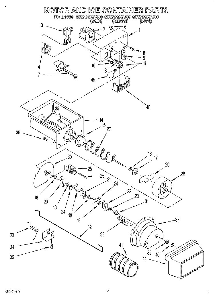 MOTOR AND ICE CONTAINER Diagram and Parts List for GD27DQXFB00  Whirlpool Refrigerator