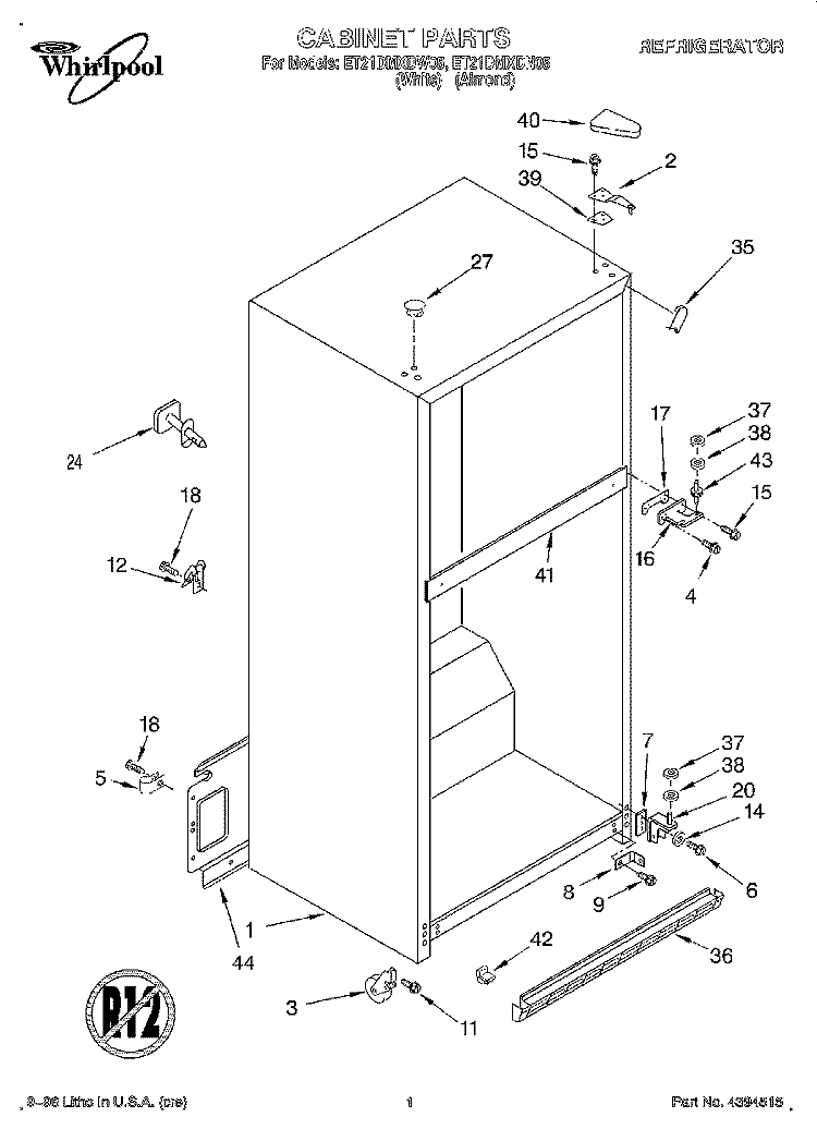 CABINET Diagram and Parts List for ET21DMXDN05  Whirlpool Refrigerator