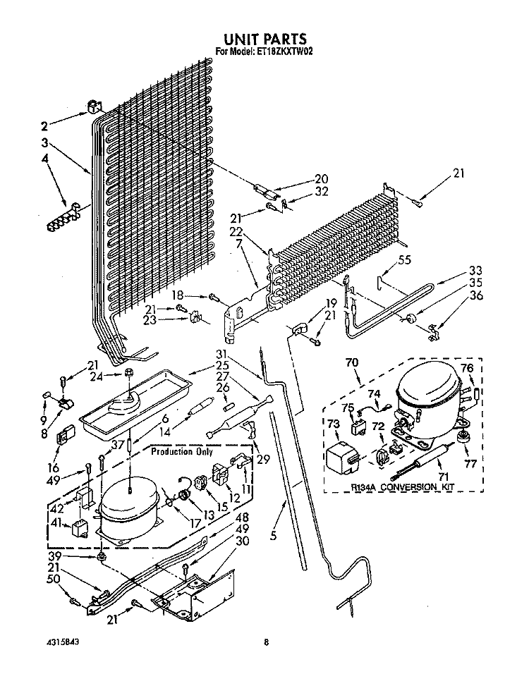 UNIT Diagram and Parts List for ET18ZKXTG02  Whirlpool Refrigerator