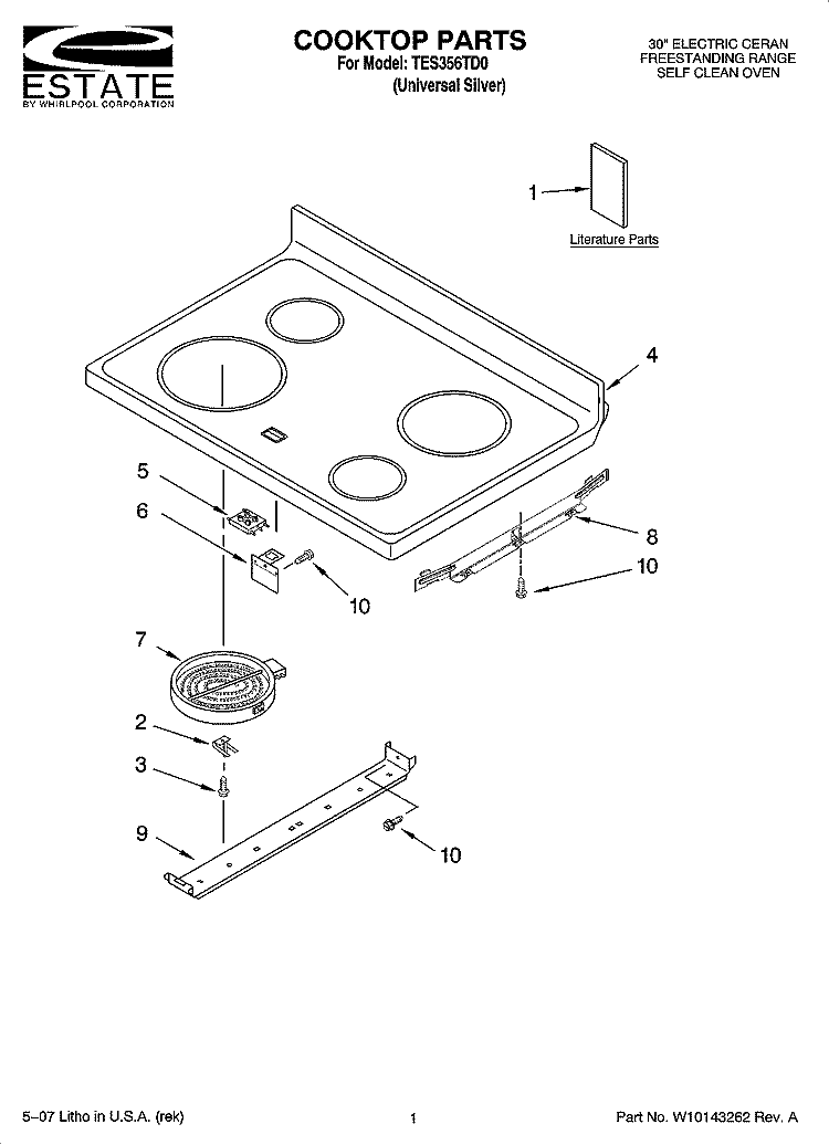 COOKTOP PARTS Diagram and Parts List for TES356TD0  Estate Range