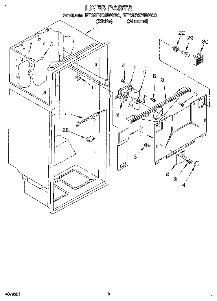LINER Diagram and Parts List for ET25PKXBN00  Whirlpool Refrigerator