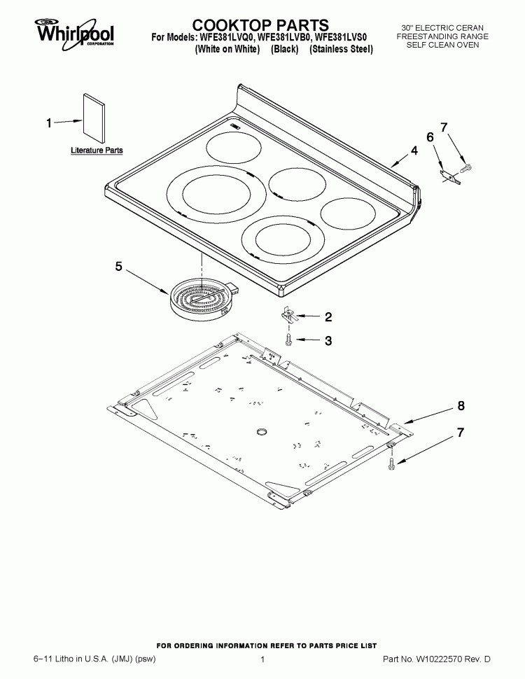COOKTOP PARTS Diagram and Parts List for  Whirlpool Range
