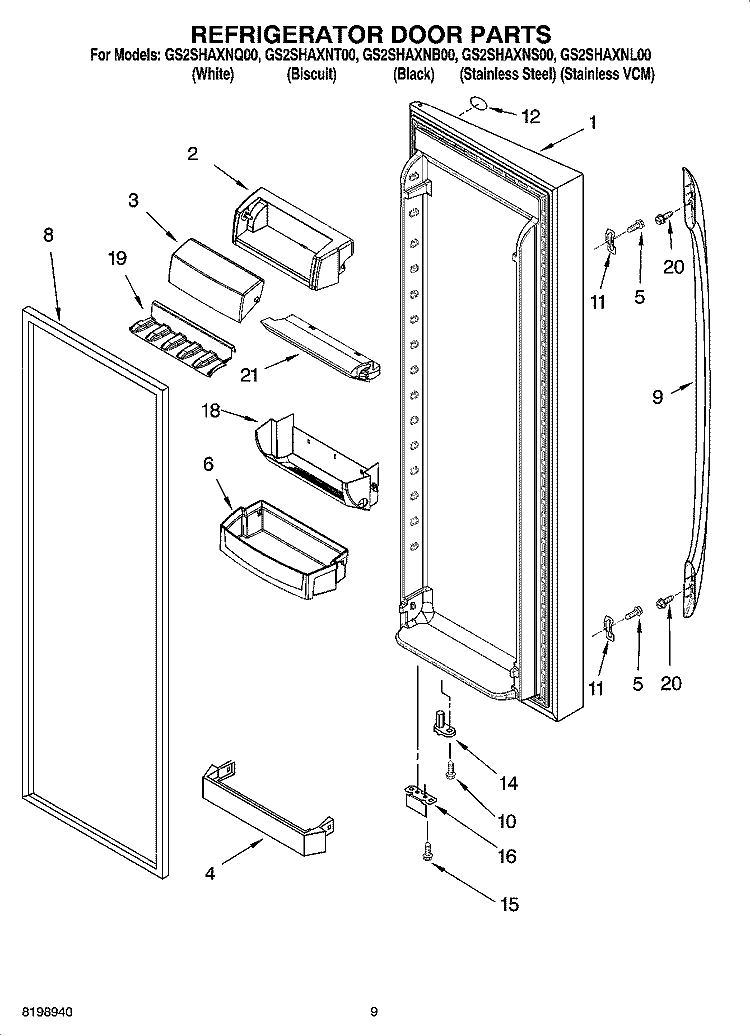REFRIGERATOR DOOR PARTS Diagram and Parts List for GS2SHAXNL00  Whirlpool Refrigerator