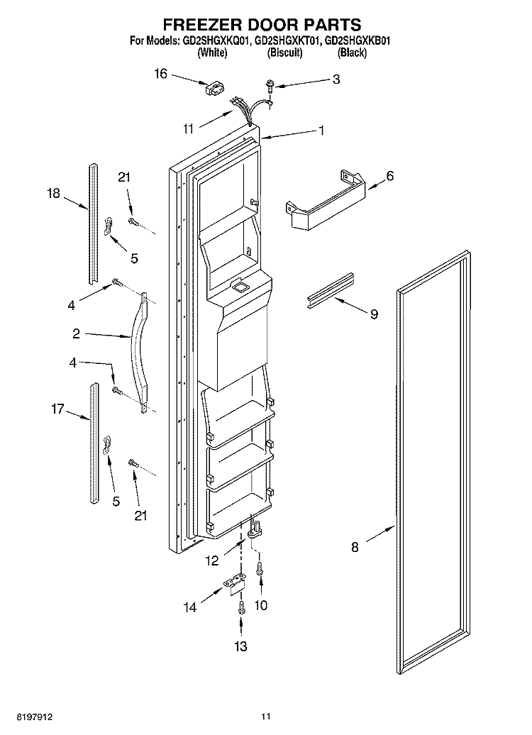 FREEZER DOOR Diagram and Parts List for GD2SHGXKB01  Whirlpool Refrigerator