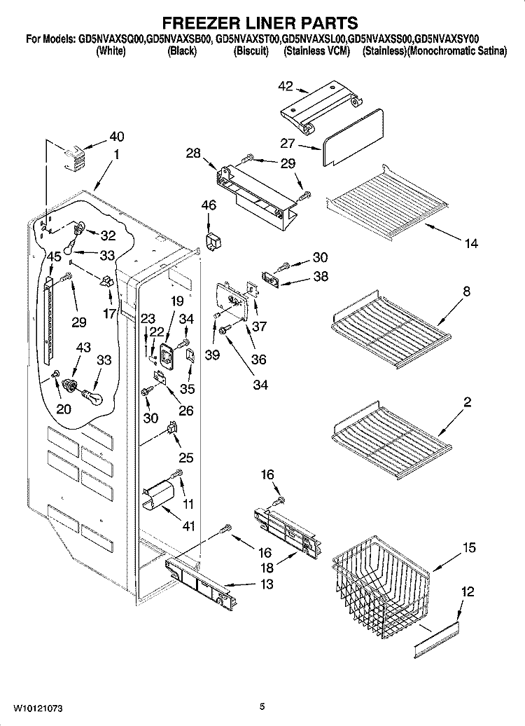 FREEZER LINER PARTS Diagram and Parts List for GD5NVAXSL00  Whirlpool Refrigerator