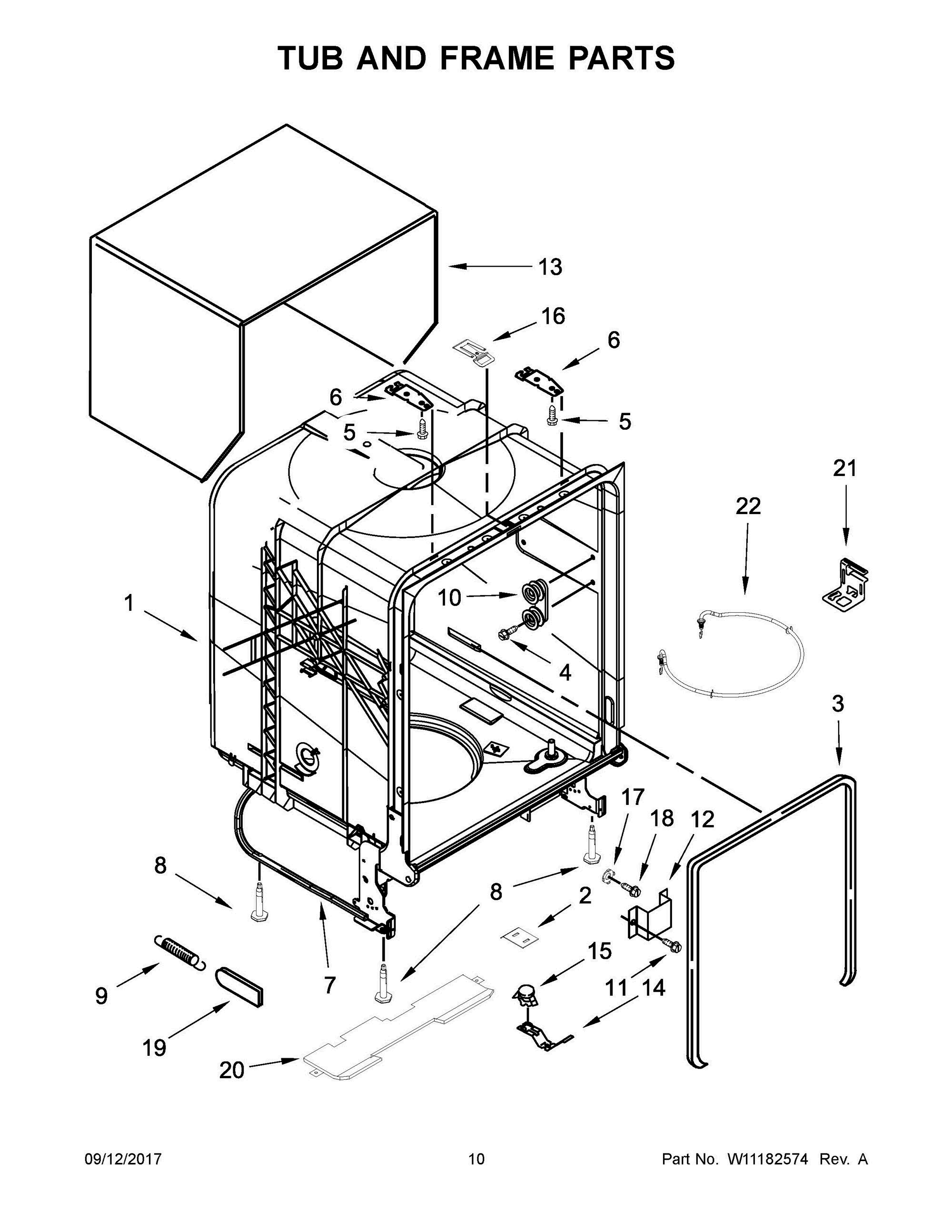 06 - TUB AND FRAME PARTS Diagram and Parts List for  Whirlpool Dishwasher
