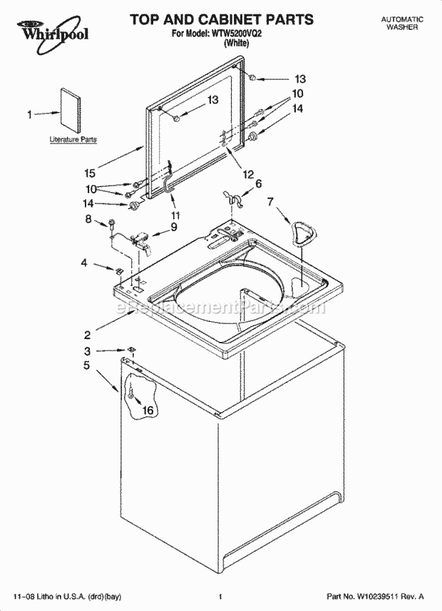 TOP AND CABINET PARTS Diagram and Parts List for  Whirlpool Washer