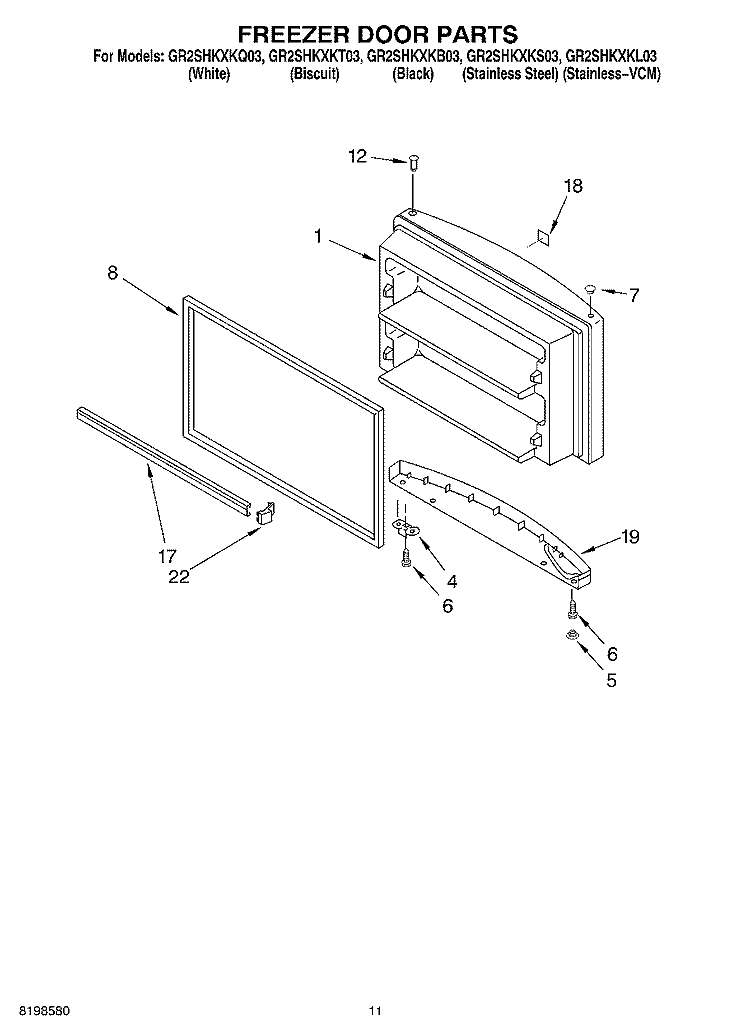 FREEZER DOOR PARTS, OPTIONAL PARTS Diagram and Parts List for GR2SHKXKS03  Whirlpool Refrigerator