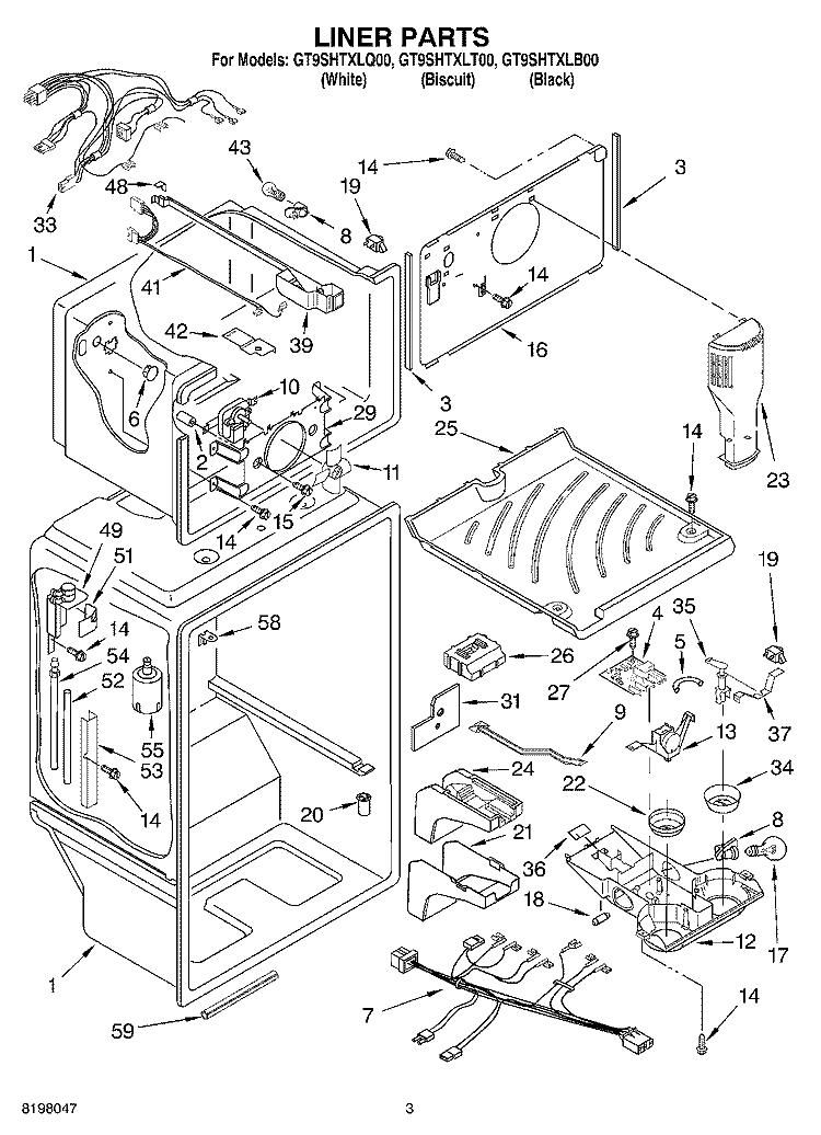 LINER Diagram and Parts List for GT9SHTXLT00  Whirlpool Refrigerator