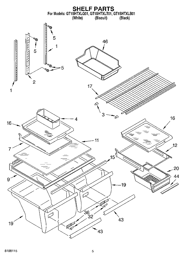 SHELF Diagram and Parts List for GT1SHTXLB01  Whirlpool Refrigerator