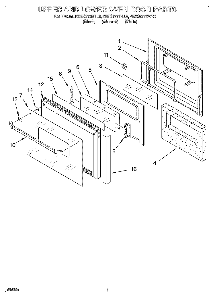 UPPER AND LOWER OVEN DOOR Diagram and Parts List for KEBS277BBL3  KitchenAid Wall Oven