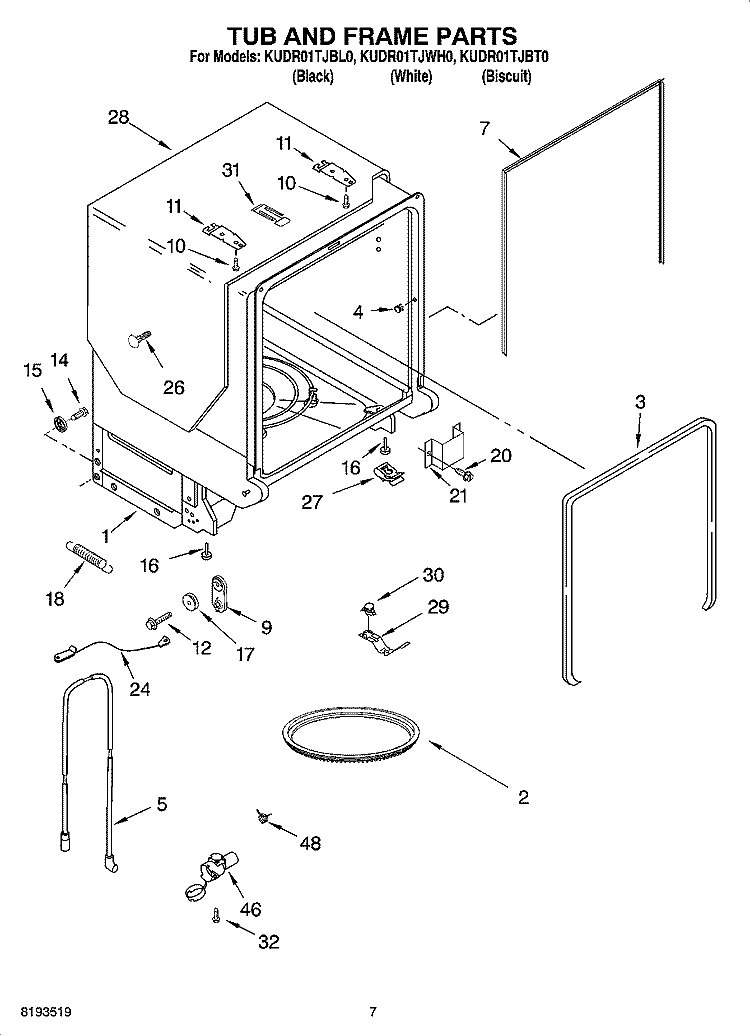 TUB AND FRAME PARTS Diagram and Parts List for  KitchenAid Dishwasher