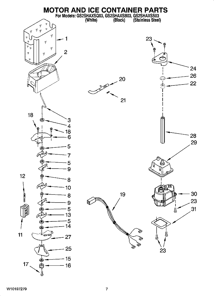 MOTOR AND ICE CONTAINER PARTS Diagram and Parts List for GS2SHAXSB03  Whirlpool Refrigerator