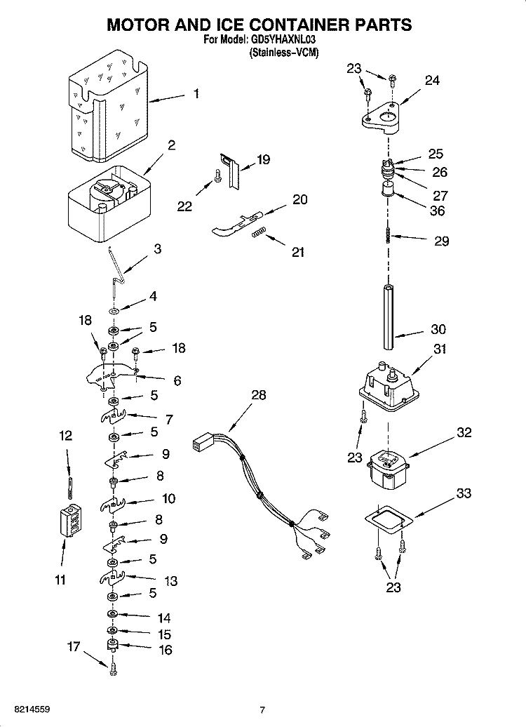 MOTOR AND ICE CONTAINER PARTS Diagram and Parts List for GD5YHAXNL03  Whirlpool Refrigerator