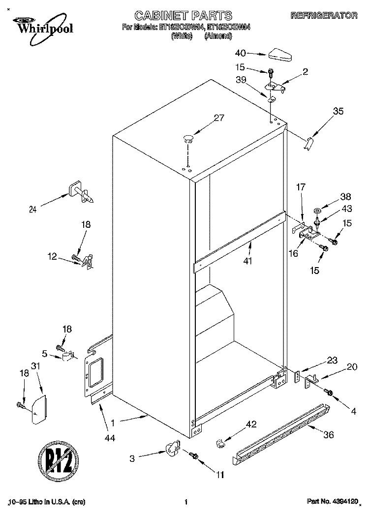 CABINET Diagram and Parts List for ET18ZKXDN04  Whirlpool Refrigerator