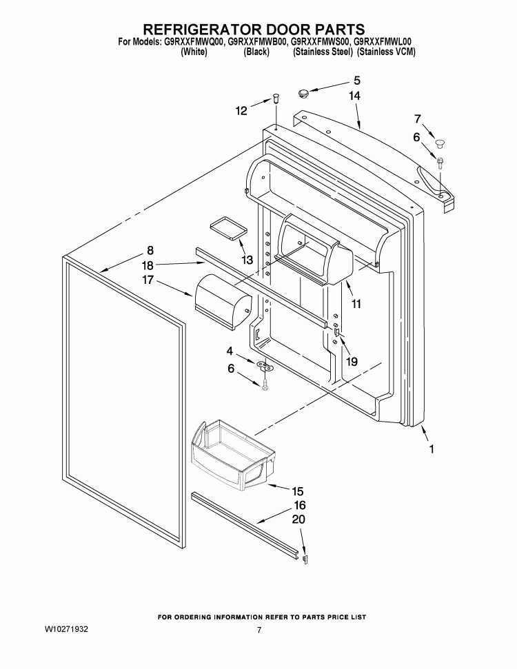 REFRIGERATOR DOOR PARTS Diagram and Parts List for G9RXXFMWS00  Whirlpool Refrigerator