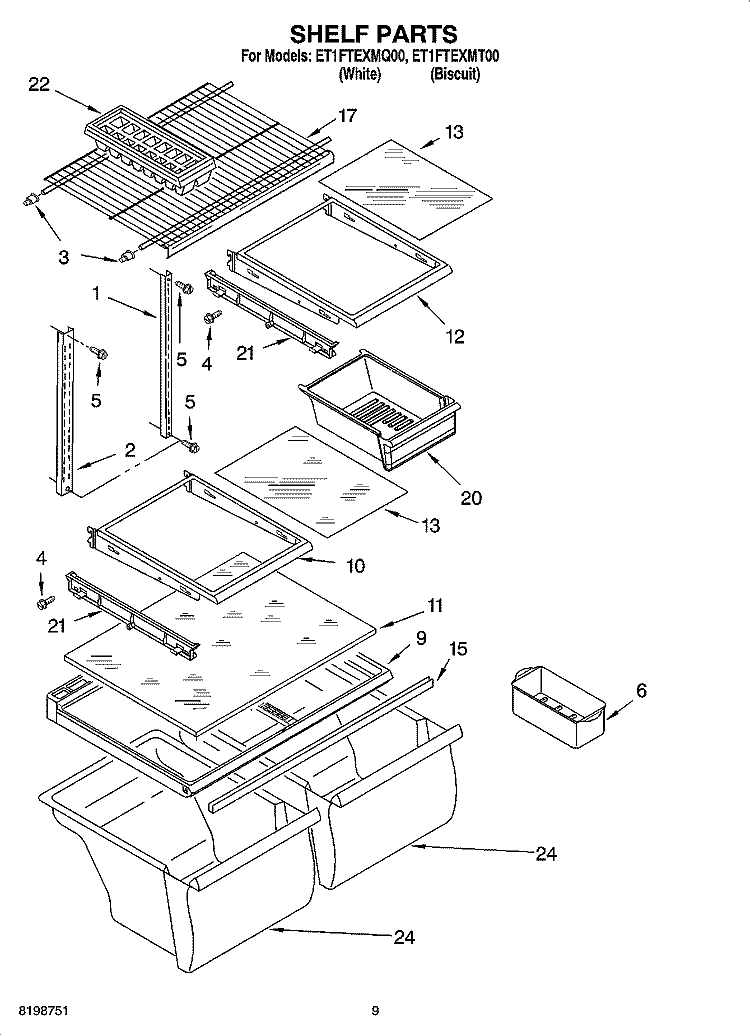 SHELF PARTS, OPTIONAL PARTS Diagram and Parts List for ET1FTEXMT00  Whirlpool Refrigerator