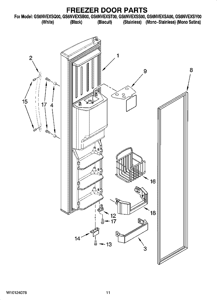 FREEZER DOOR PARTS Diagram and Parts List for GS6NVEXSB00  Whirlpool Refrigerator