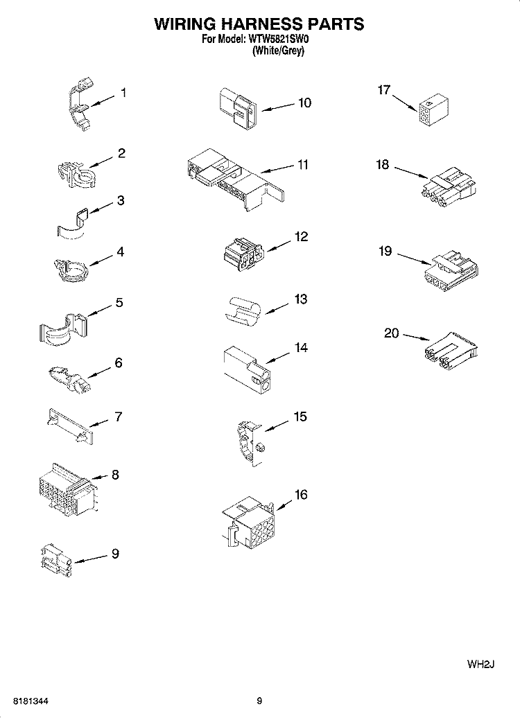 WIRING HARNESS PARTS Diagram and Parts List for  Whirlpool Washer