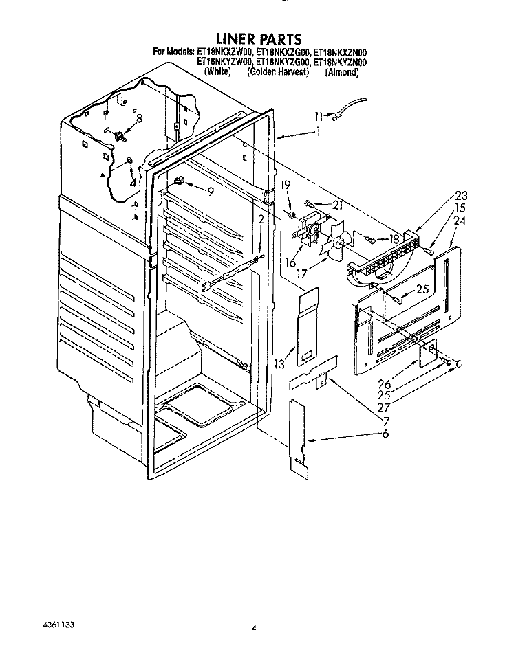 LINER Diagram and Parts List for ET18NKYZN00  Whirlpool Refrigerator