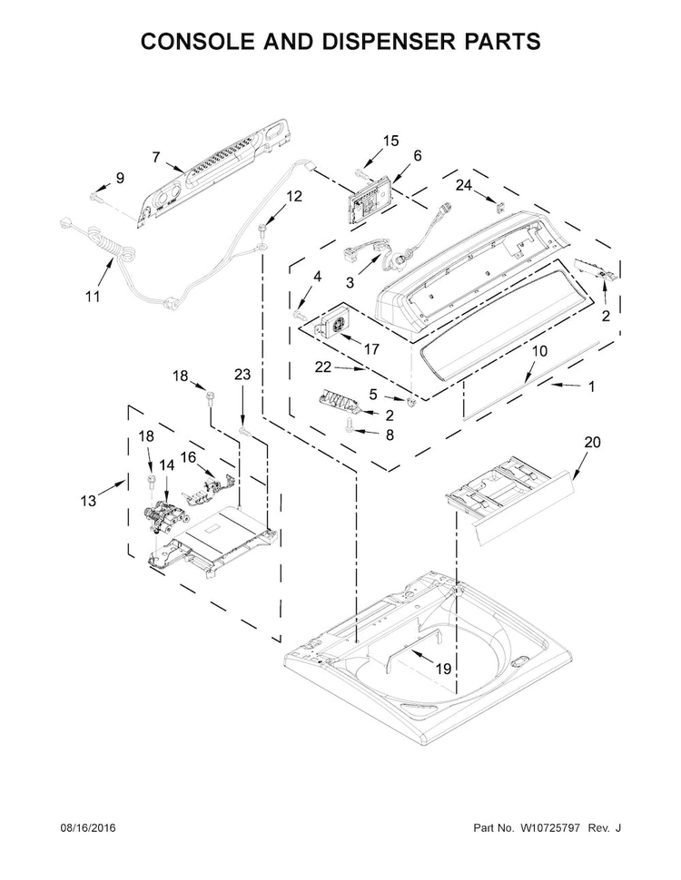 Console And Dispenser Parts Diagram and Parts List for  Whirlpool Washer