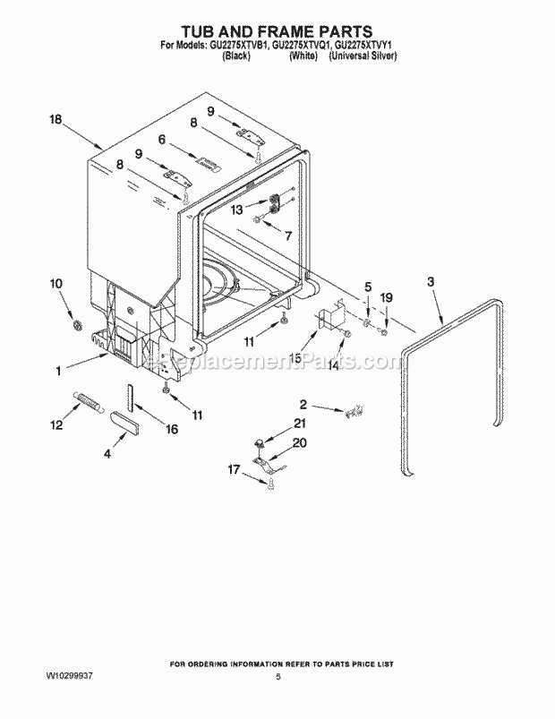TUB AND FRAME PARTS Diagram and Parts List for  Whirlpool Dishwasher
