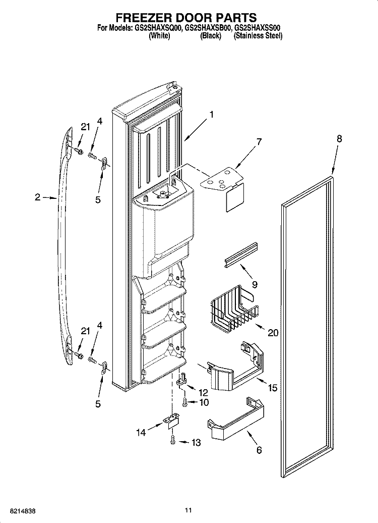 FREEZER DOOR PARTS Diagram and Parts List for GS2SHAXSS00  Whirlpool Refrigerator