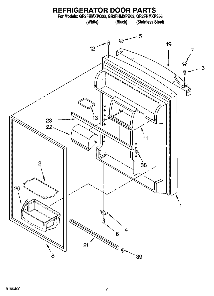 REFRIGERATOR DOOR PARTS Diagram and Parts List for GR2FHMXPB03  Whirlpool Refrigerator