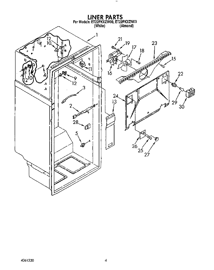 LINER Diagram and Parts List for ET22PKXZN00  Whirlpool Refrigerator
